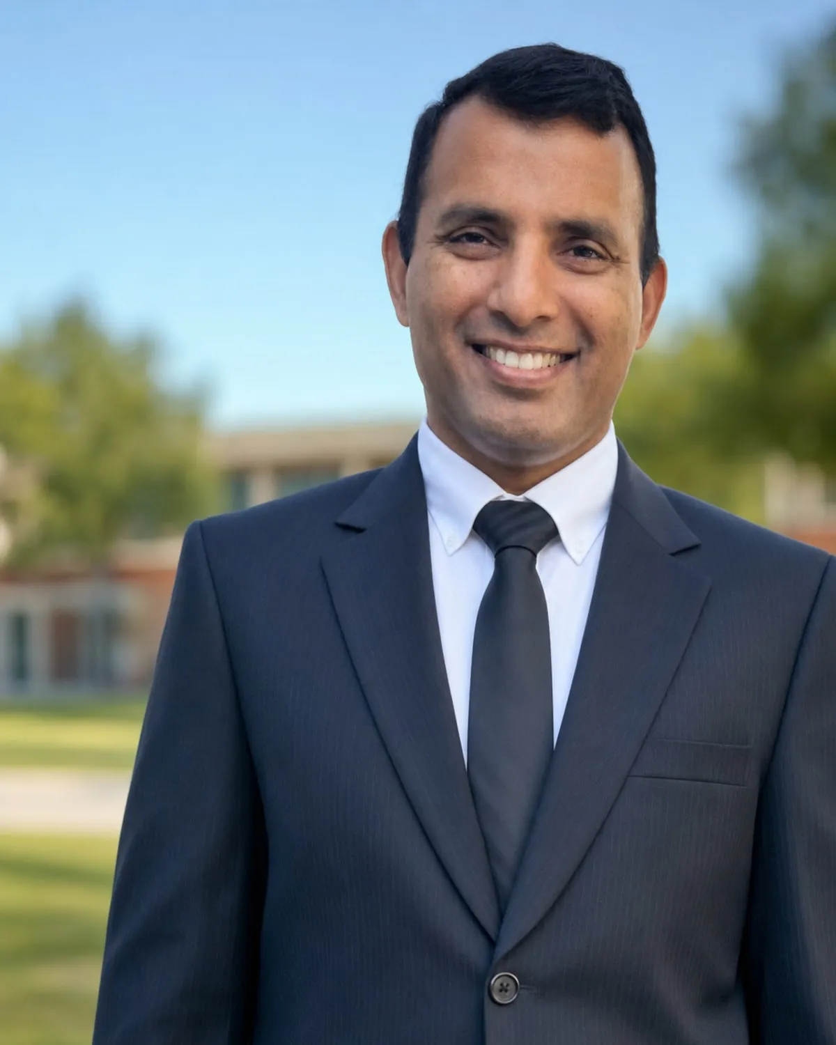 Kashif Wasim in a dark suit and tie, smiling outdoors.